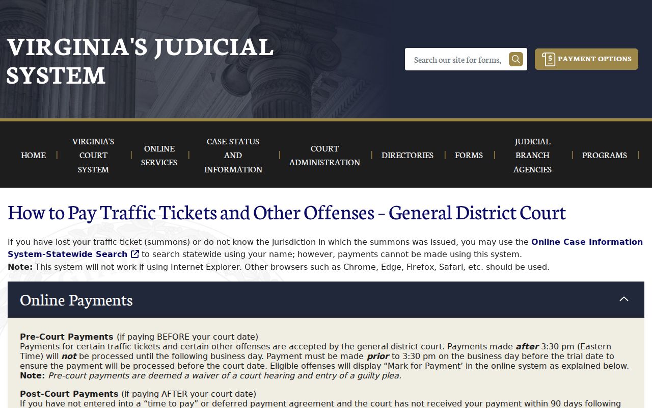 Nelson County traffic warrant reference showing Virginia court lookup and payment instructions