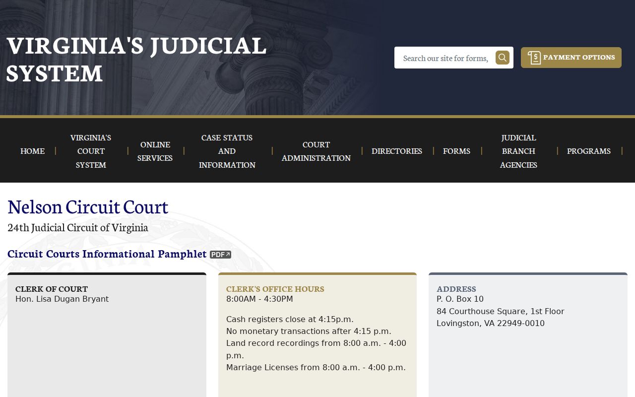 Nelson County active warrant reference showing Circuit Court records and clerk information