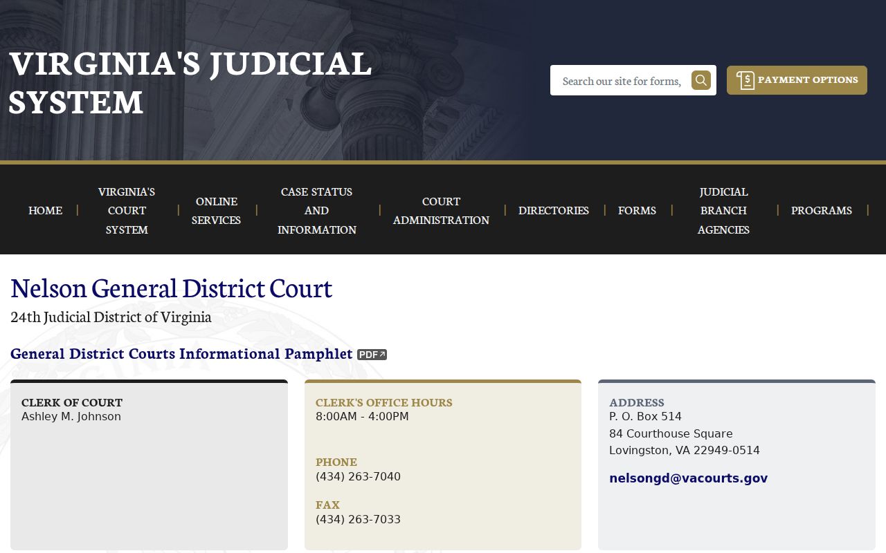 Nelson County bench warrant reference showing General District Court clerk schedule and contact