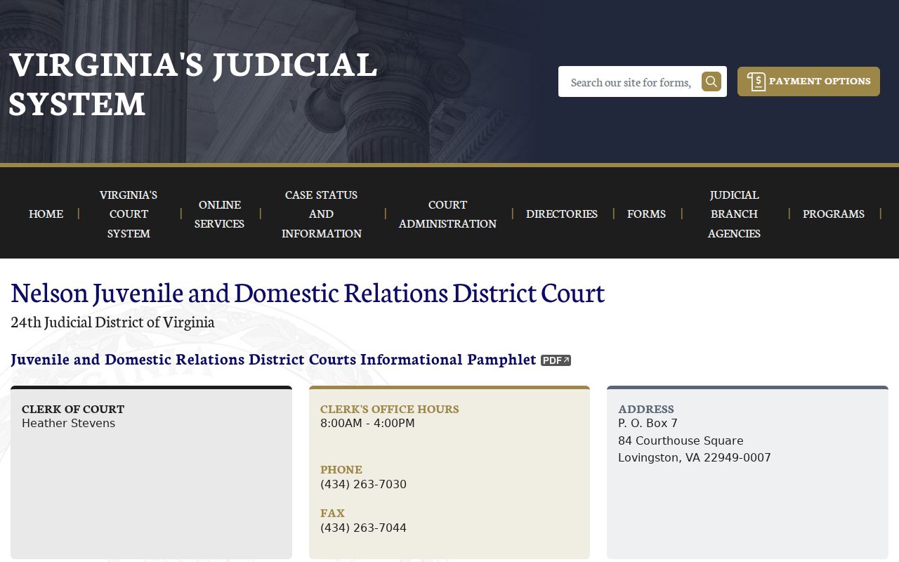 Nelson County bench warrant reference showing Juvenile and Domestic Relations Court clerk information