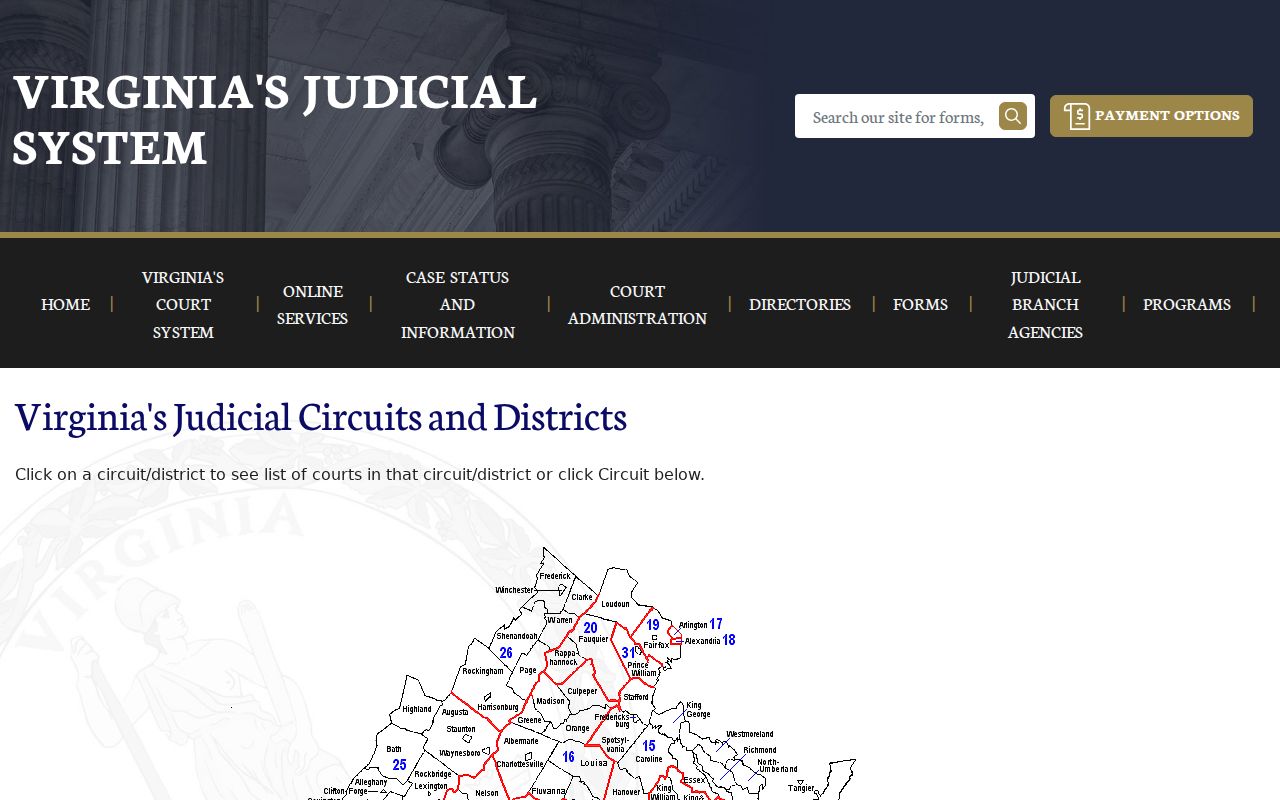 Nelson County active warrant reference showing the Virginia circuit and district court map
